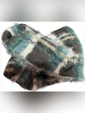 Anthropologie Fuzzy Plaid Knit Infinity Scarf - Teal & Gray